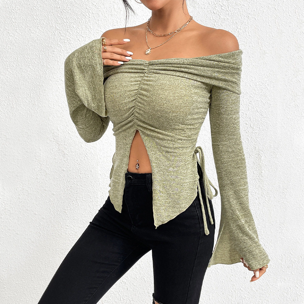 Off Shoulder Knit Top Long Sleeve Bell Sleeve Split Design Fall Winter Fashion for Women Wholesale Available