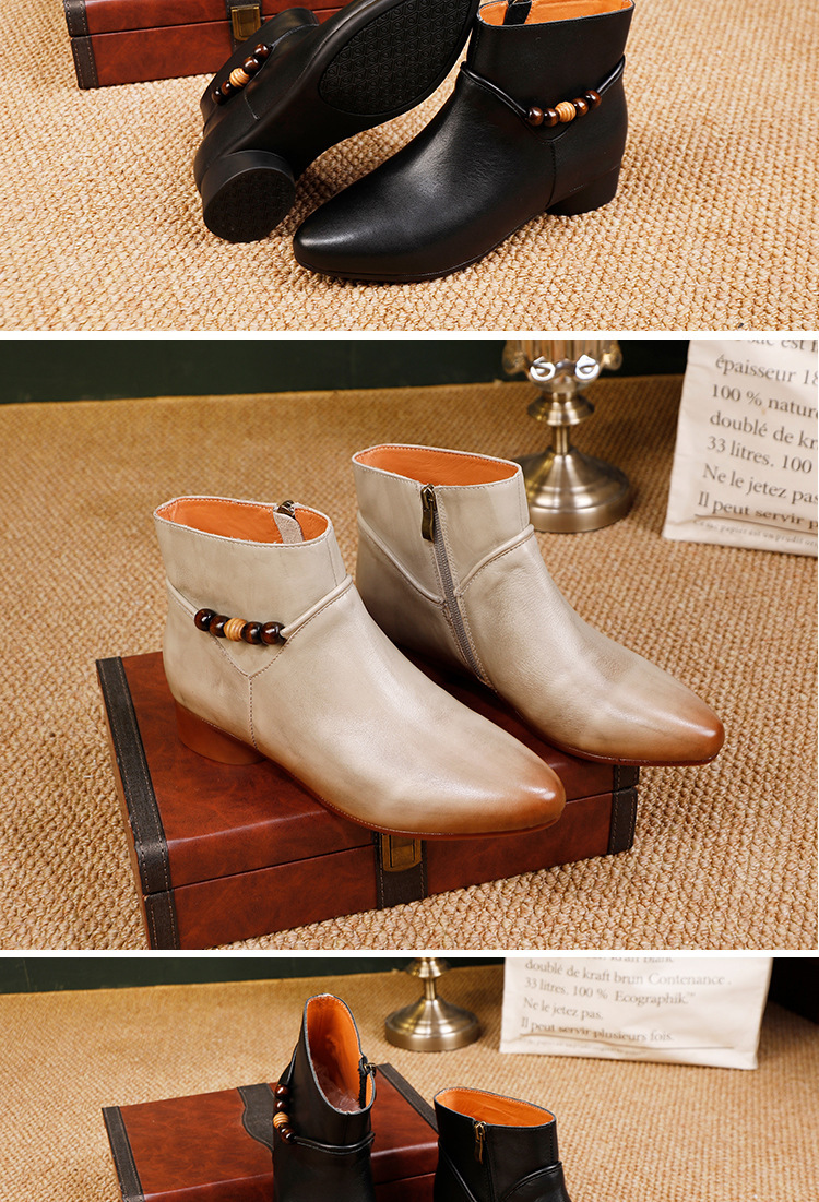 Boot nữ cổ thấp da bò thật mũi nhọn gót thấp thanh lịch — màu đen, màu xám
