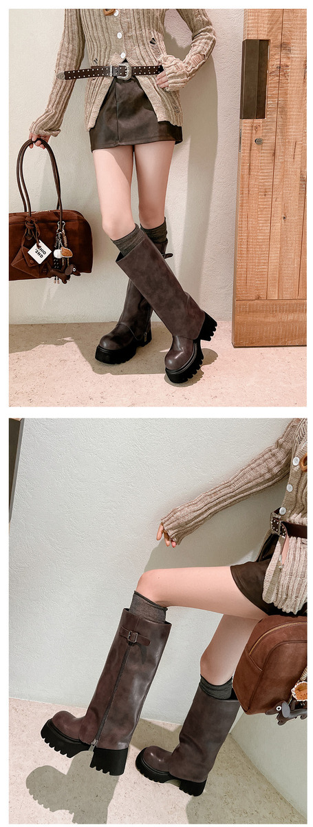 Boot nữ cổ cao gót dày đầu tròn khóa kim loại — đen, màu nâu