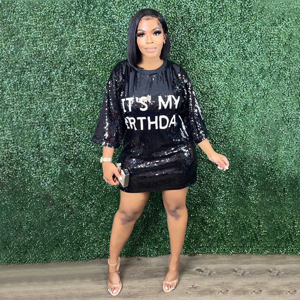 CY9984款欧美时尚圆领半袖宽松珠片印花连衣裙女聚会亮片款夜店风