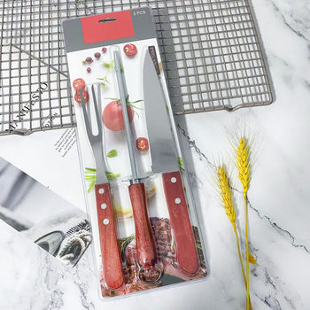 Foreign Trade Products Barbecue Tools Three-Piece Set Stainless Steel Kitchen Knife Single-Sided Suction Double-Sided Suction Wooden Handle Barbecue Fork Sharpening Stick