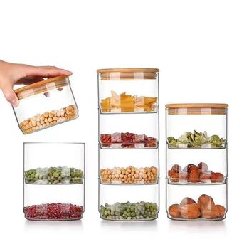 High Borosilicate Glass Fruit Salad Bowl Storage Jar Bamboo Lid Glass Lid Multi-Layer Storage Jar Round Household Food Storage Jar