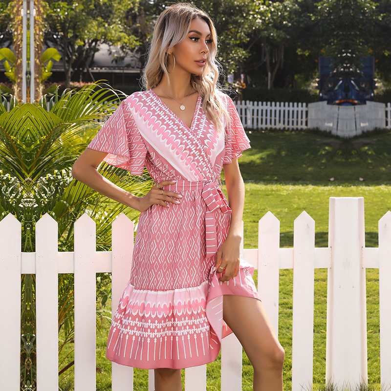 Geometric Print A Line Dress Short Sleeve V Neck Ethnic Style Casual Summer Wear Wholesale Available