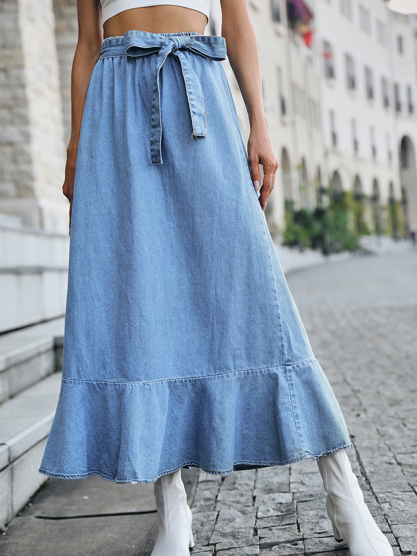 High Waisted Denim Skirt Mid Length Ruffled Hem Pleated Design Casual Wear for Women Wholesale Available