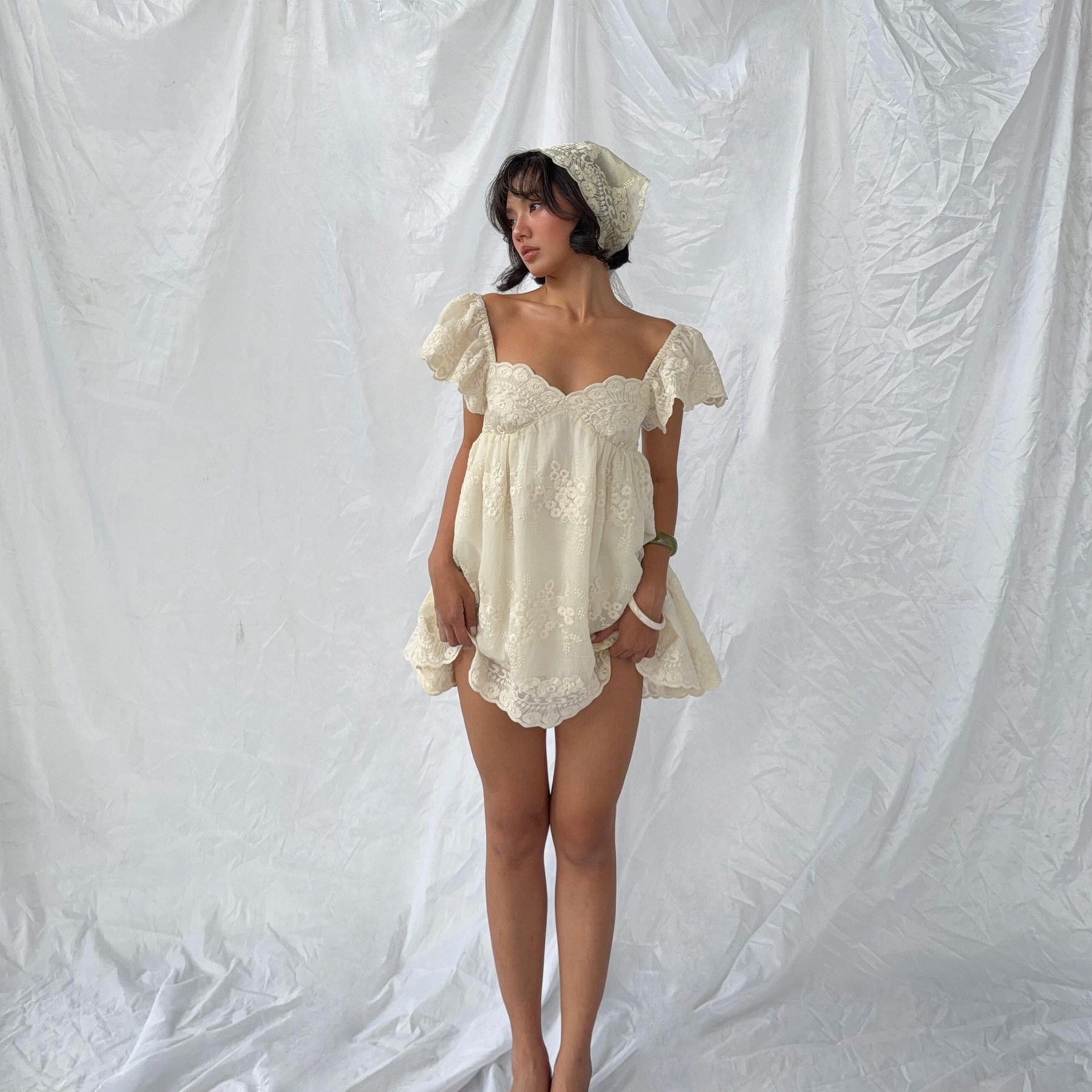 French Vintage Lace Embroidered Dress Loose Fit Puff Sleeves Sweet Aesthetic Summer Fashion for Women Wholesale
