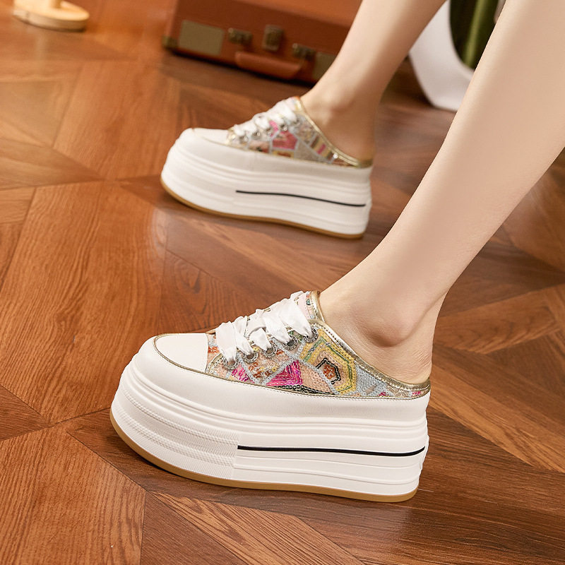 Sandal cao gót nữ hở mũi quai ngang đế dày, gót siêu cao 8 cm, phong cách thể thao — Trắng, Bạch kim