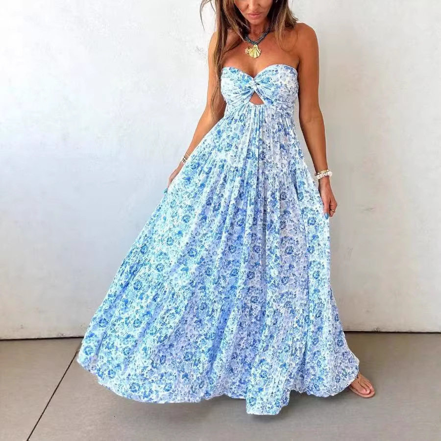 Elegant Floral Print Strapless Backless Dress Spring Collection Womens Fashion Wholesale Available