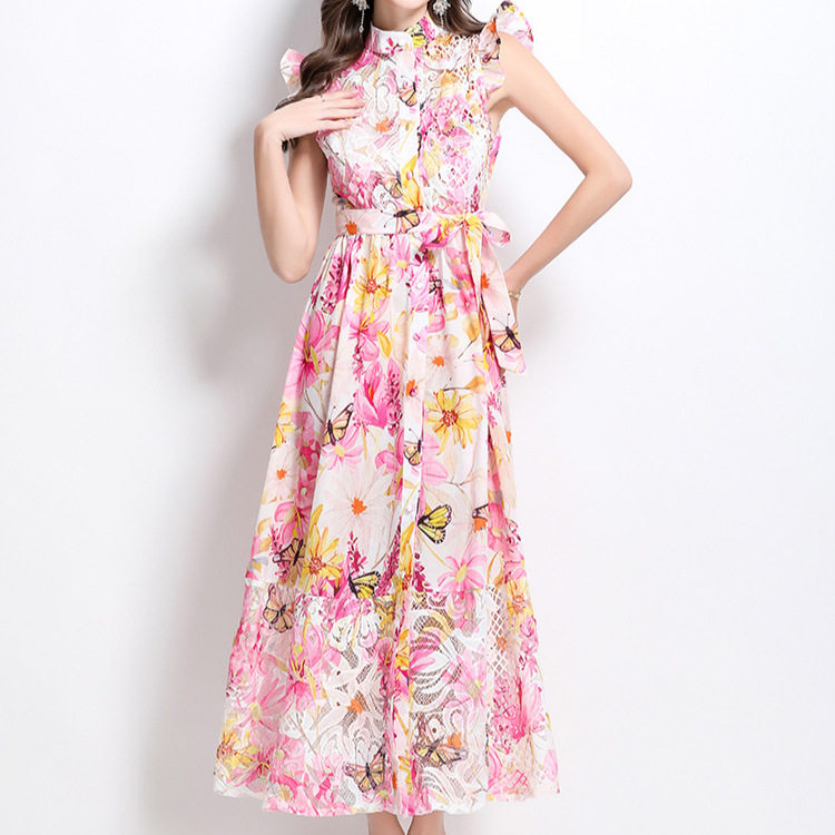 Elegant Floral Print Dress Hollow Lace Panel Flattering Waist Tie Short Flutter Sleeves Perfect for Parties and