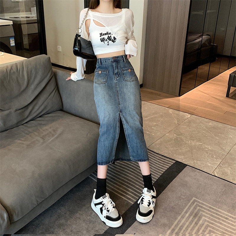 High Waisted A Line Denim Skirt for Women Mid Length Cement Gray Perfect for Spring Wholesale Available