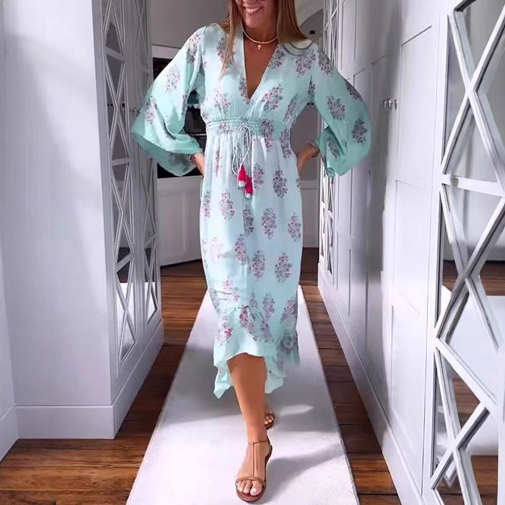 Casual Floral Print V Neck Long Sleeve Dress for Women Trendy Design Comfortable Fabric Versatile Style Wholesale