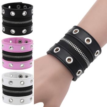 European and American New Rivet Chain Punk Jewelry Leather Bracelet Bracelet Round Hole Breathable Middle Zipper Wide Version Hand Jewelry