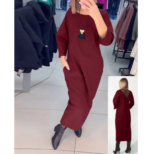 Long Sleeve Pocket Dress Solid Color Round Neck Casual Style Autumn Winter Fashion for Women Wholesale Available