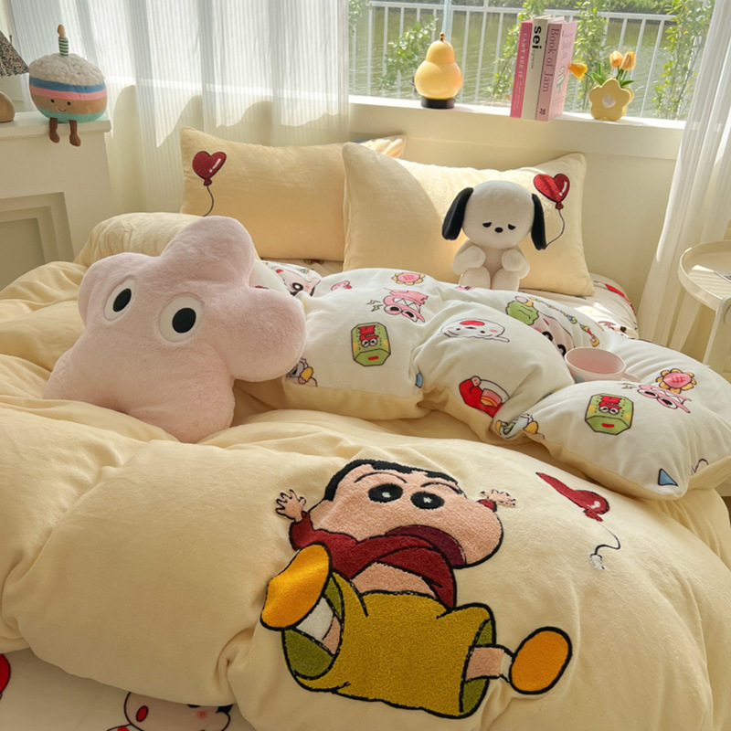 Category a Maternal and Infant Grade Milk Velvet Towel Embroidered Bed Sheetss, Fitted Bed Sheetss, Pillowcases and Quilt Covers, Autumn and Winter Bedding Four-Piece Set