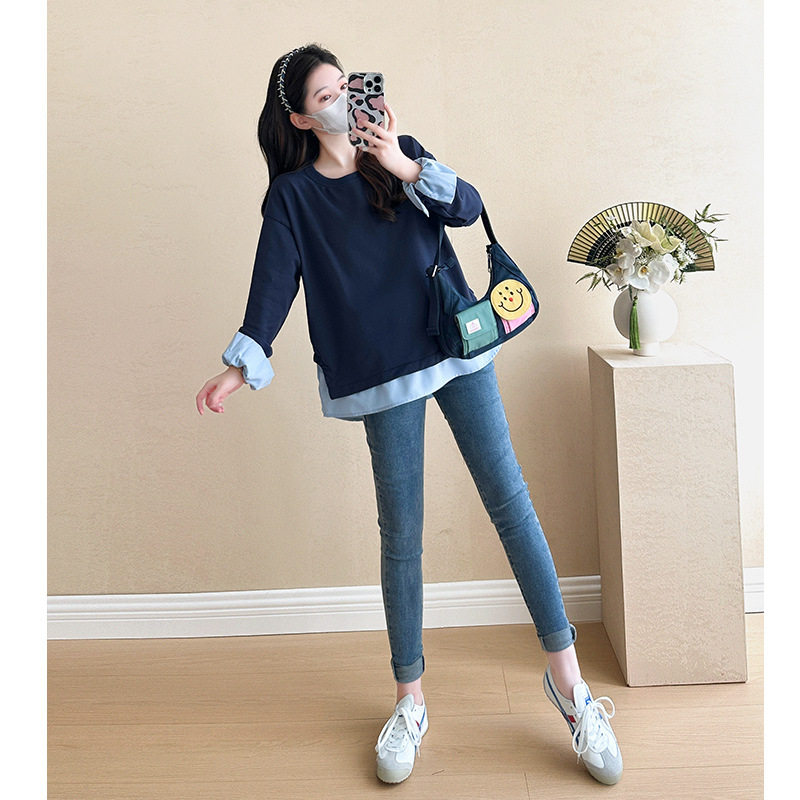 Loose A version of the belly cover does not show pregnant women's sweater fashion suit long sleeve top women's autumn stretch jeans