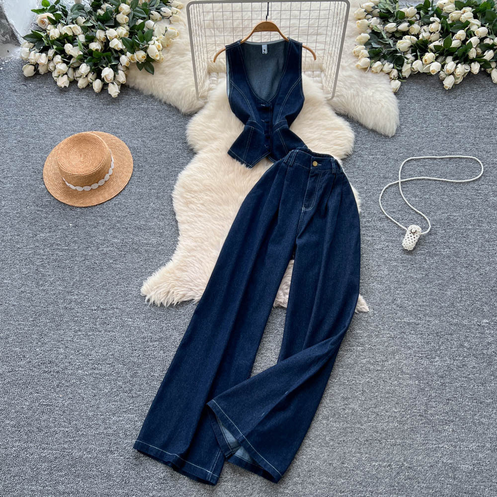 Retro Womens Two Piece Set Deep V Sleeveless Denim Shirt High Waisted Slim Fit Trousers Autumn Fashion Wholesale
