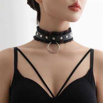 New Stylish and Sexy Round Ring Rivet Soft Girl Lace Choker Necklace Pu Leather Collar