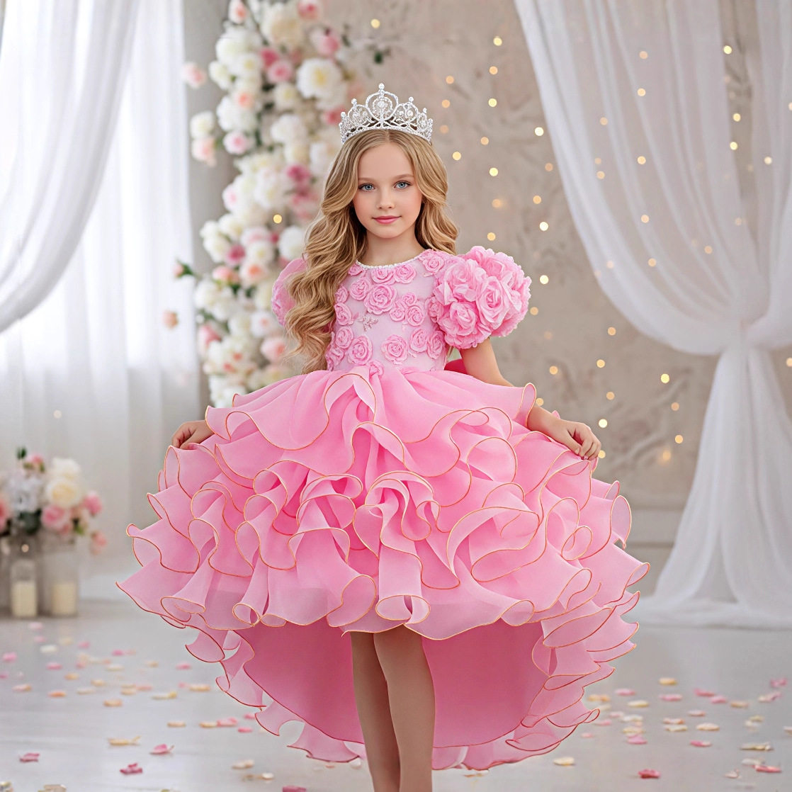 children's dress skirt puff sleeves embroidered tail cake princess dress birthday party flower girl dress