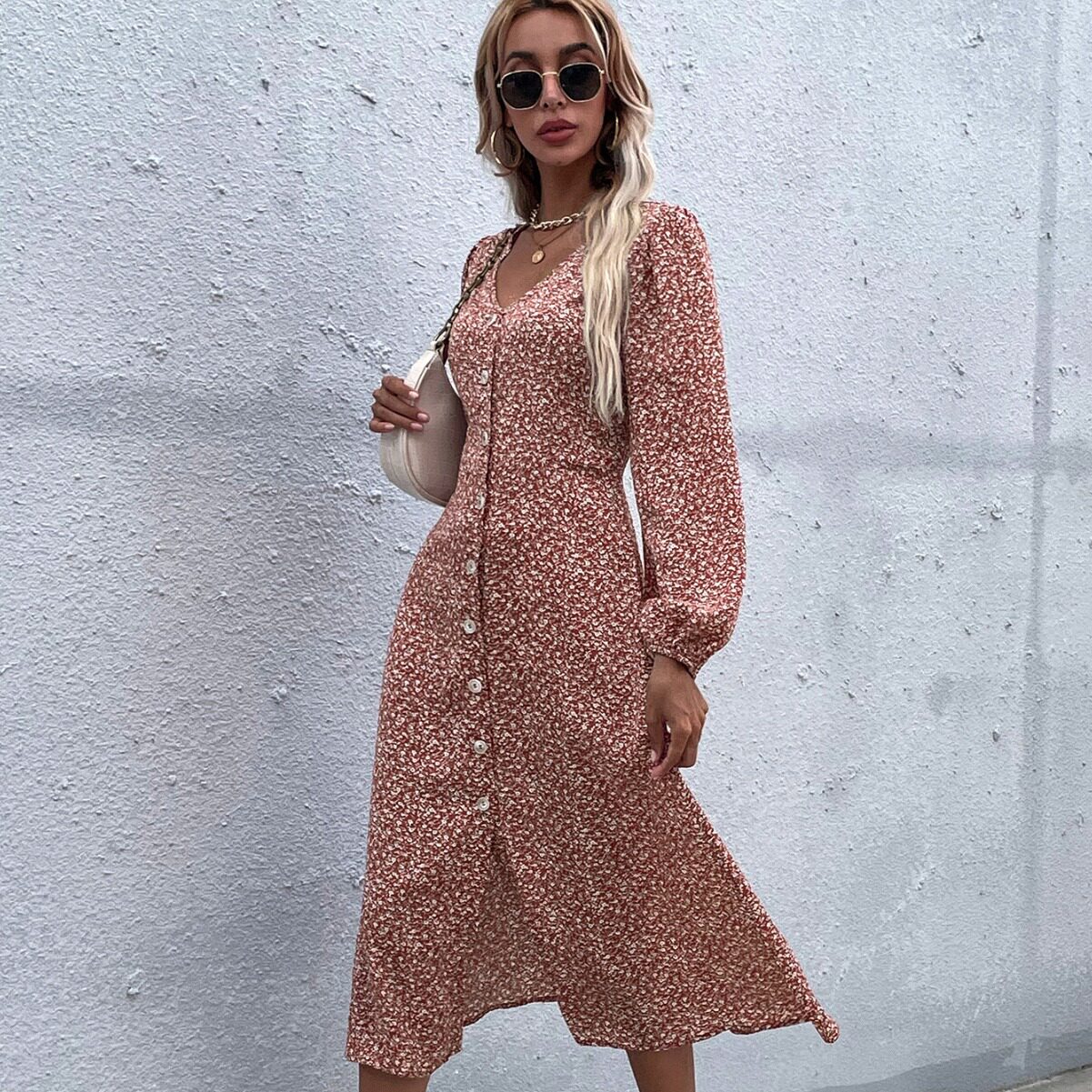 Floral V Neck Long Sleeve Dress Slim Fit Mid Length Elegant Style Perfect for Spring and Summer Events Wholesale