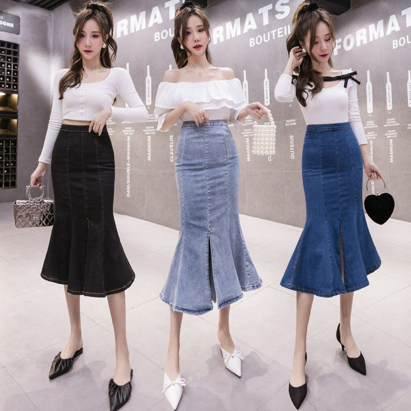 High Waisted Denim Midi Skirt Ruffled Hem Bodycon Fit Stretch Fabric Spring and Autumn Fashion Wholesale Available