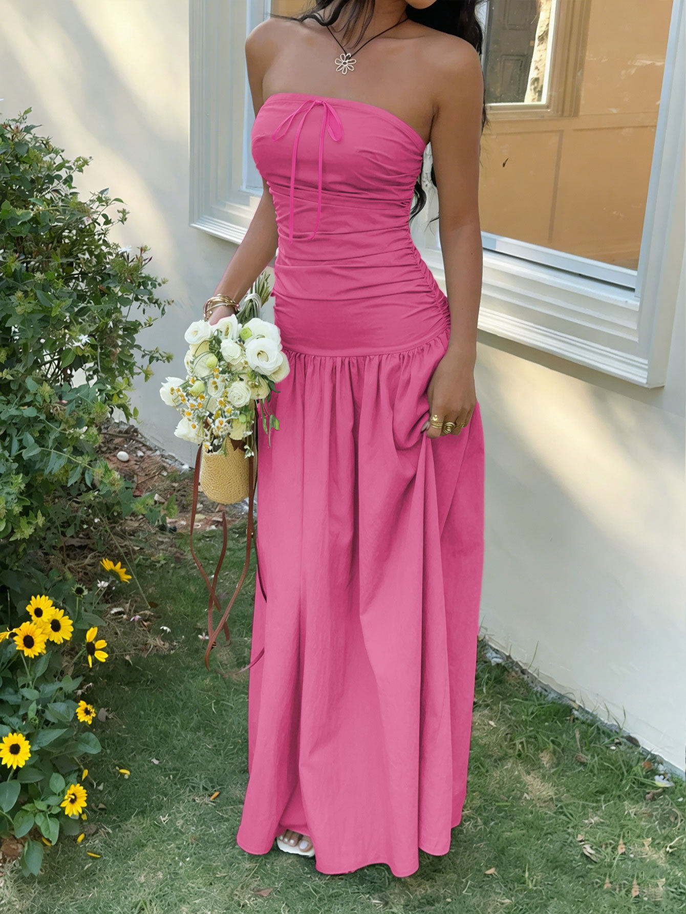 French Style Strapless Maxi Dress Soft Fabric Waist Tie Design Non Slip Strips Summer Vacation Wear Wholesale