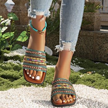 Foreign Trade Ethnic Style Flat Slippers Women's Fashion plus size Breathable Bohemian Style One-Fit Fish Mouth Slippers