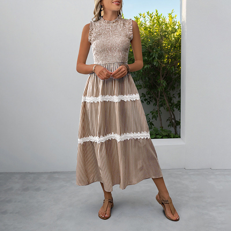 Summer Sleeveless Dress Sweet Lace Trim Striped Pattern Casual Style Perfect for Warm Weather Occasions Wholesale