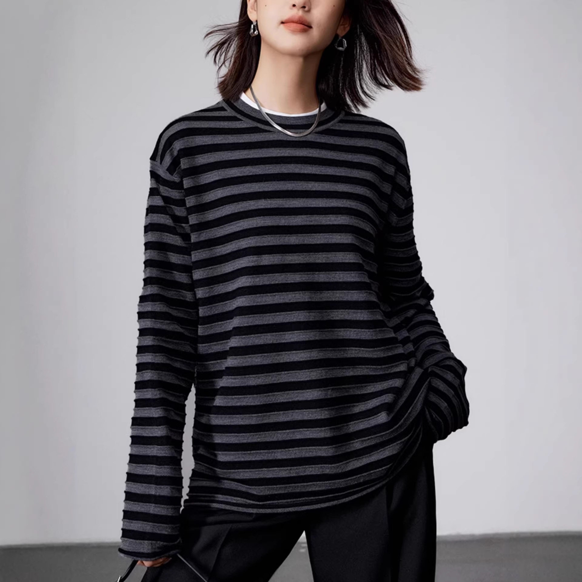 進口chao细美丽诺羊毛 爆款条纹针织衫长袖打底衫上衣