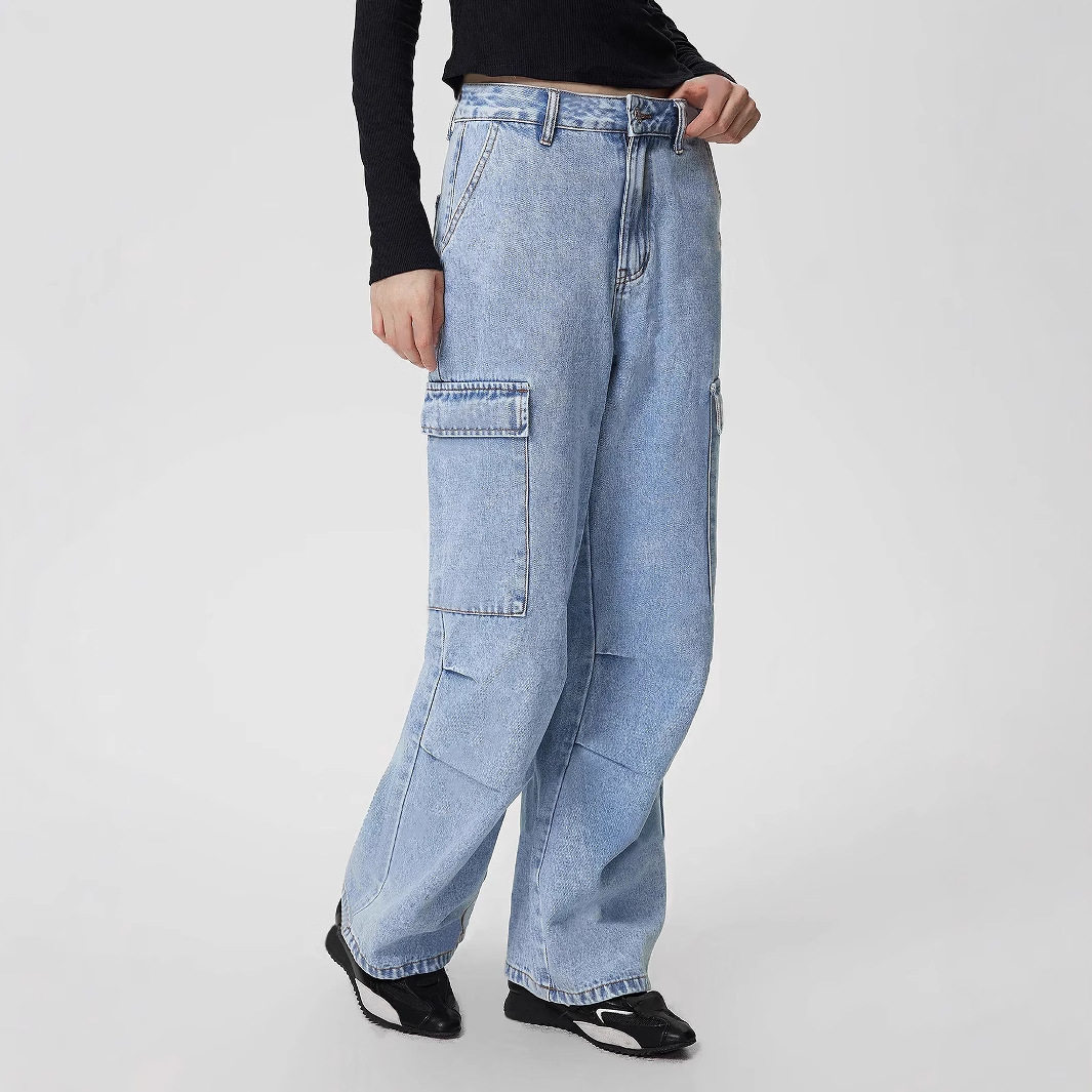 Womens Casual High Waisted Denim Trousers Slim Fit Large Pockets European and American Style Perfect for Everyday