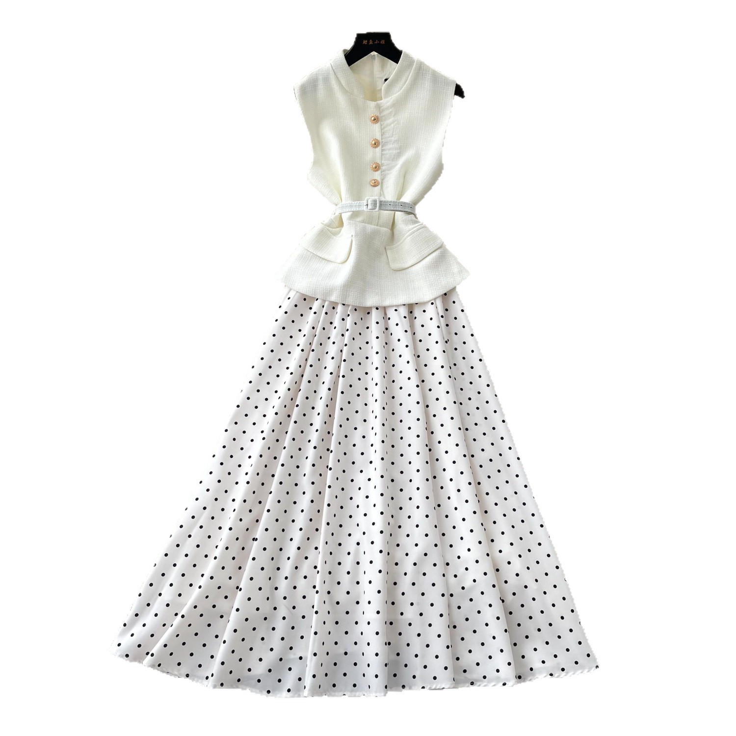Sleeveless Polka Dot Dress Slim Fit Belted Button Closure Elegant Summer A Line Style Wholesale Available