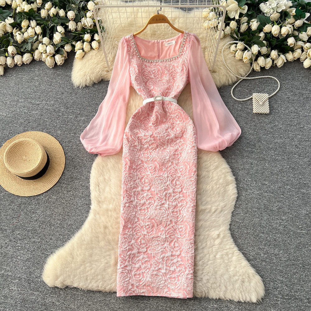 Elegant Purple Lace Dress for Women Puff Sleeve Slim Fit Diamond Accents Midi Length Perfect for Parties and