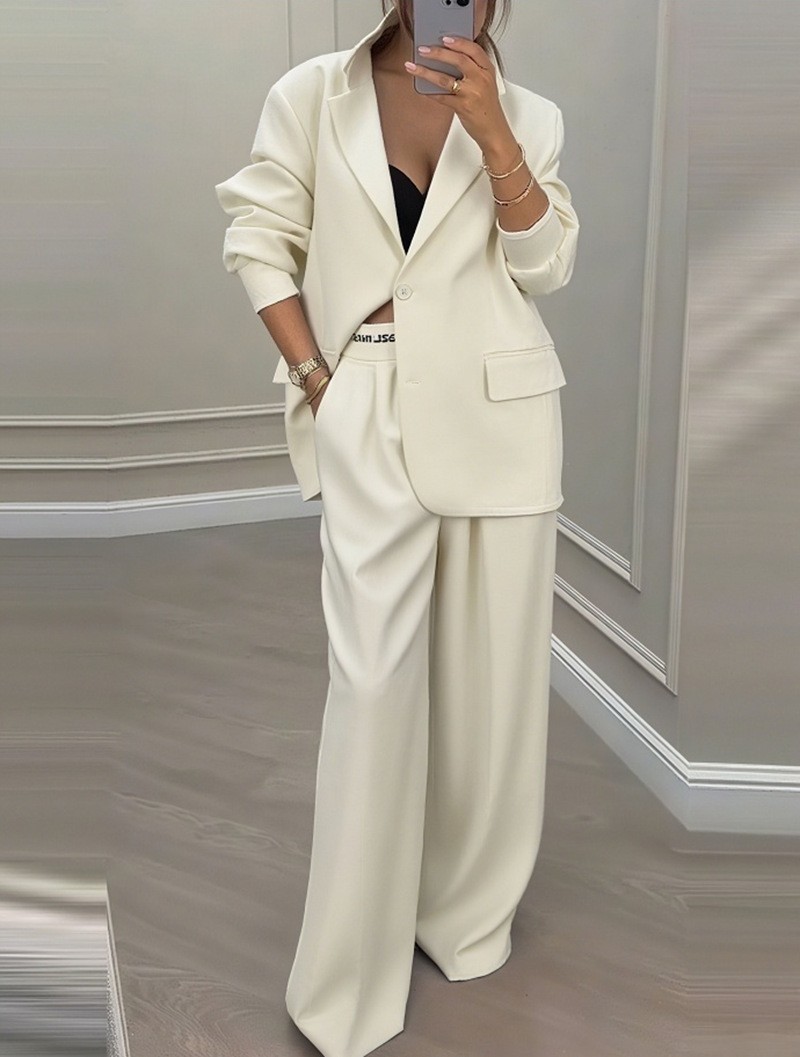 Womens Suit Set Elegant Long Sleeve Jacket Relaxed Wide Leg Pants Fall Winter Fashion Wholesale Available