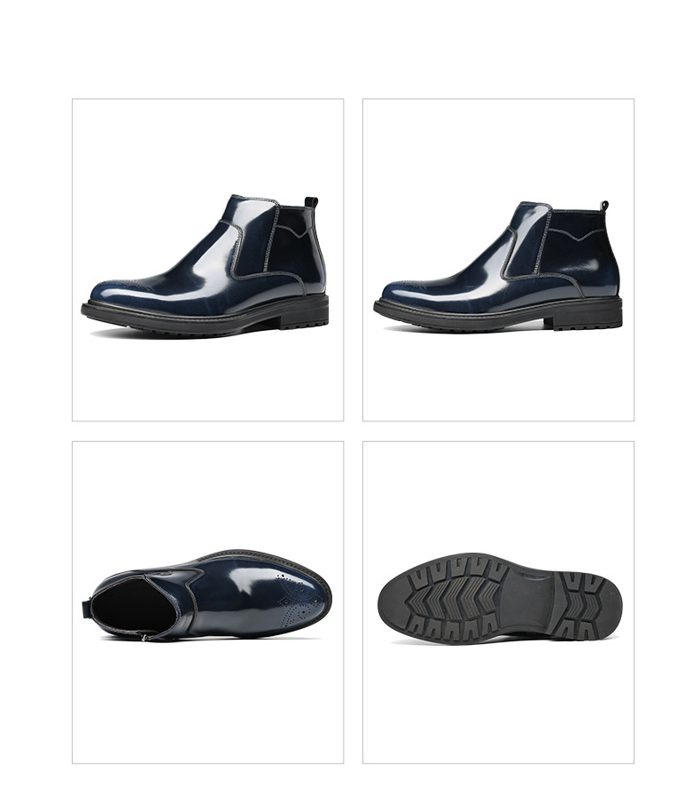 Boot nam cổ ngắn mũi tròn da bò bóng, họa tiết chạm khắc, khóa kéo bên, giữ ấm mùa đông — xanh sapphire, Màu đen, Màu đen lót nhung, Màu vàng nâu