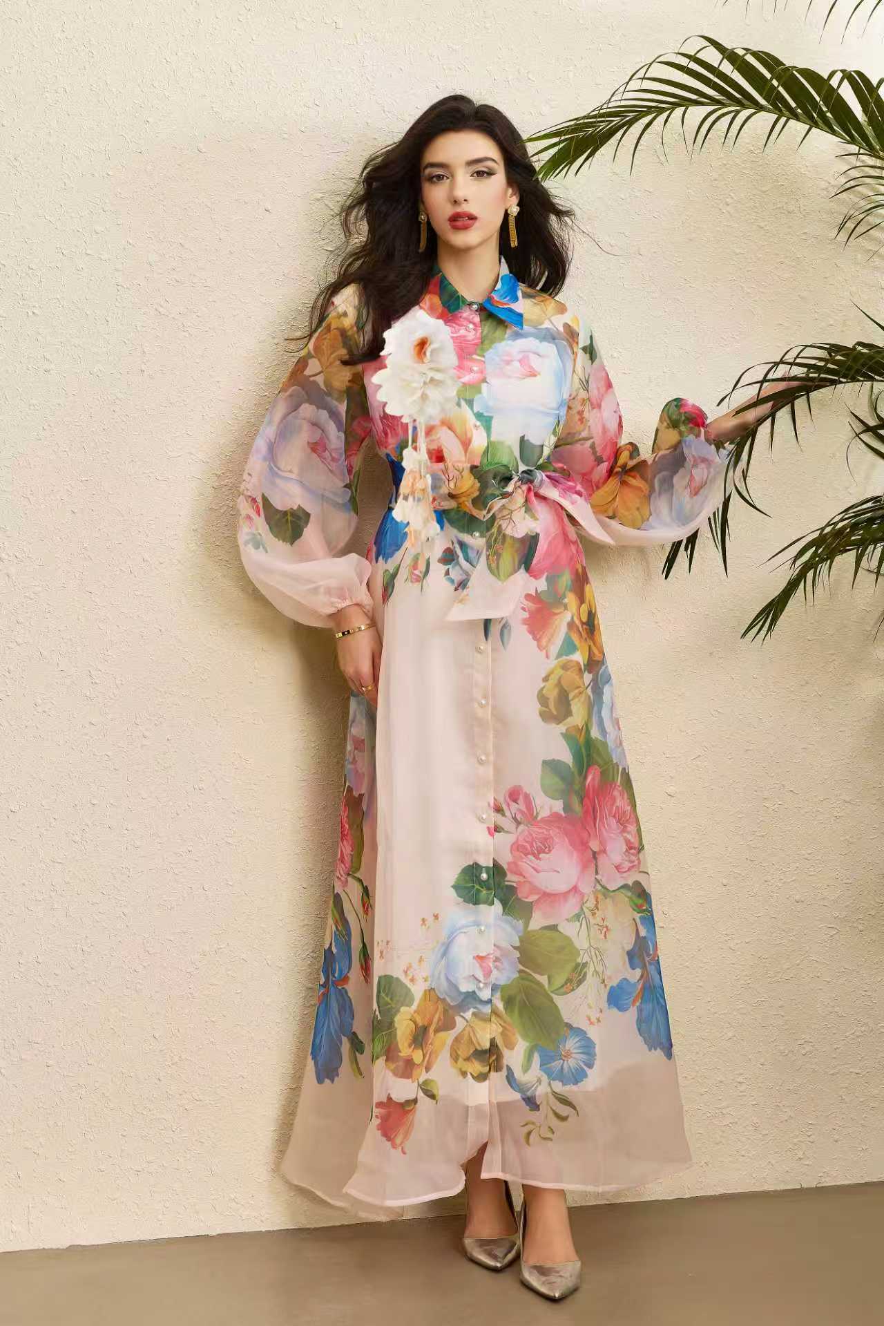 Vintage Floral Print Puff Sleeve Maxi Dress for Women Autumn Waist Tie Design Elegant Style Wholesale Available