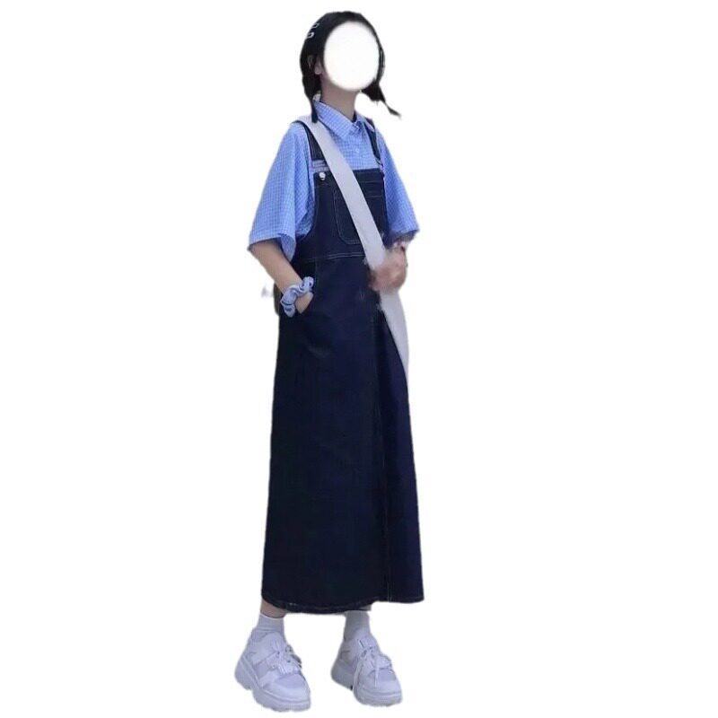 Denim Suspender Dress Loose Fit Mid Length Solid Color Spring and Autumn Casual Wear Wholesale Available