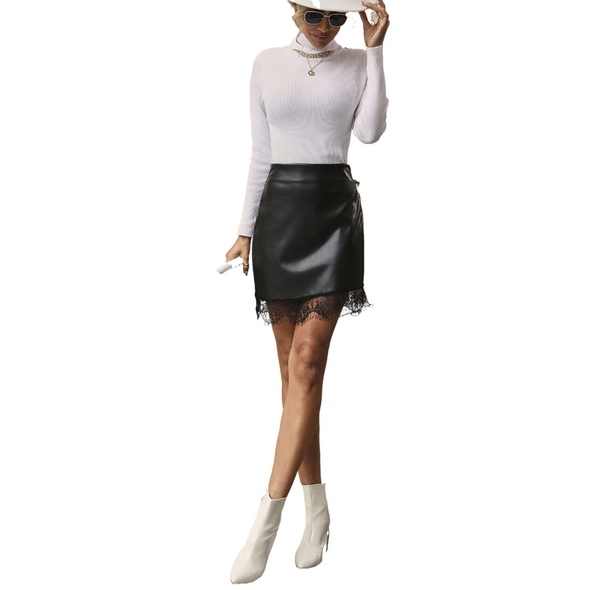 High Waisted PU Skirt Lace Trim A Line Silhouette Bodycon Fit Casual Wear Evening Out Wholesale Available