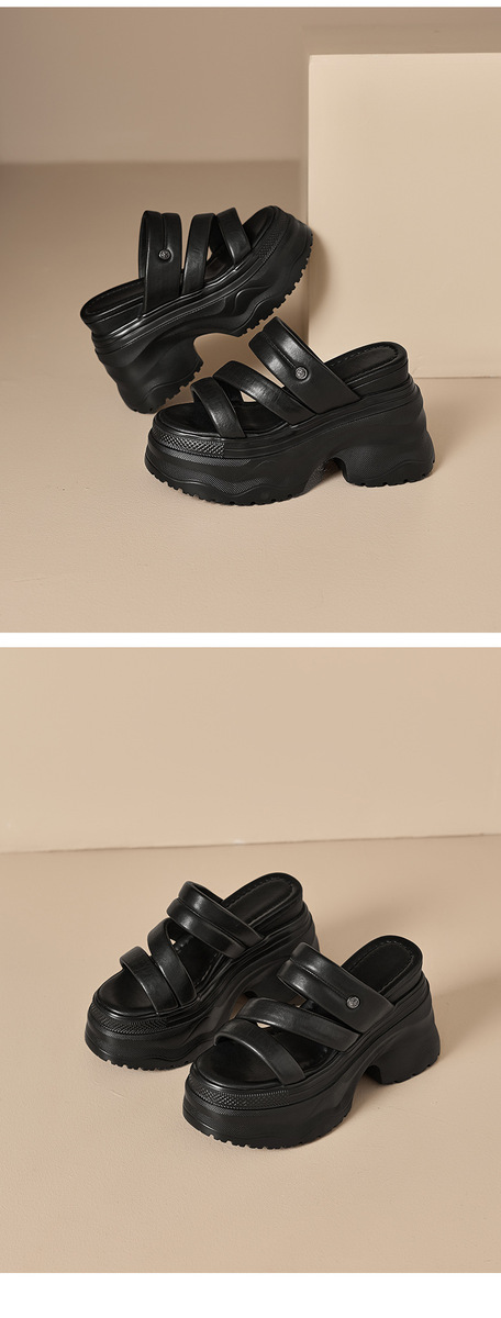 Sandal nữ quai ngang da bò đế dày gót 9cm tăng chiều cao, mũi tròn hở ngón phong cách năng động — màu đen, Màu trắng ngà-