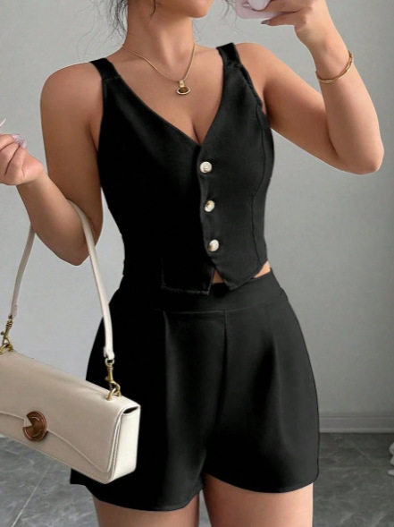 Cross-Border Temperament Slimming Commuter Vest Shorts Solid Color Two-Piece Set