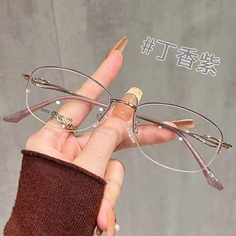 New Women's Half-Frame Oval Glasses Frame Wholesale Diamond-Encrusted Craft Legs Ip Electroplated Business Myopia Frame Genuine
