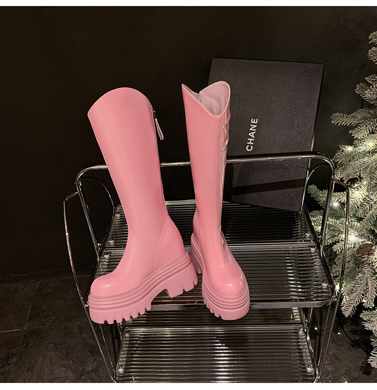 Boot nữ cổ cao da bò đế dày tăng chiều cao, khóa kéo sau, dáng ôm chân — Lớp lót đơn màu đen 12cm, Lớp lót đơn màu đen 15cm, Lớp lót đơn màu hồng 12cm, Lớp lót đơn màu hồng 15cm