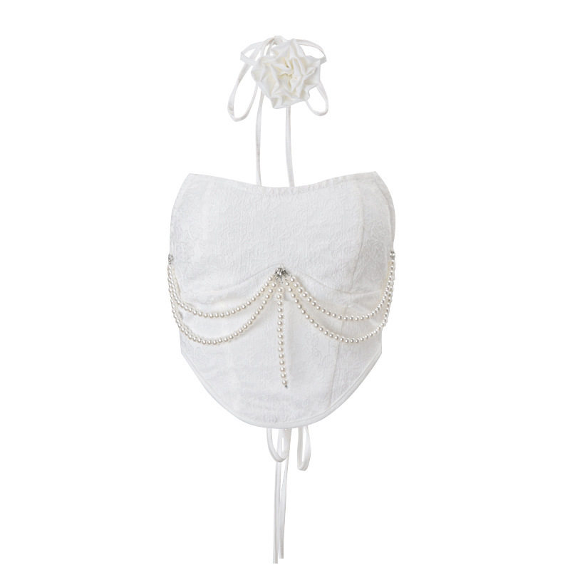 Summer Womens Pearl Chain Bustier Top and Fringe Mini Skirt Set European Style Chic Design Trendy Outfit Wholesale