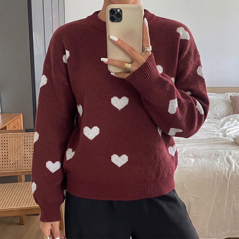 Vintage Sweetheart Jacquard Sweater Round Neck Long Sleeve Cozy Knit Autumn Winter Fashion Wholesale Available