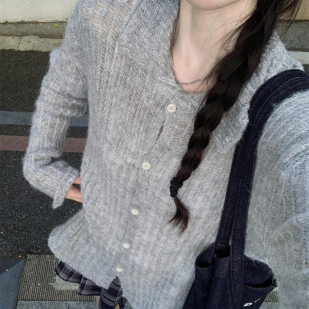巨好看粉色polo领针织开衫女春秋季薄款镂空慵懒毛衣外套上衣
