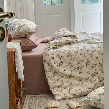 Fresh Floral Cotton Bedding Four-Piece Set, Pure Cotton 2025 New Style, 100% Cotton Dormitory Three-Piece Set, Duvet Cover Bedding
