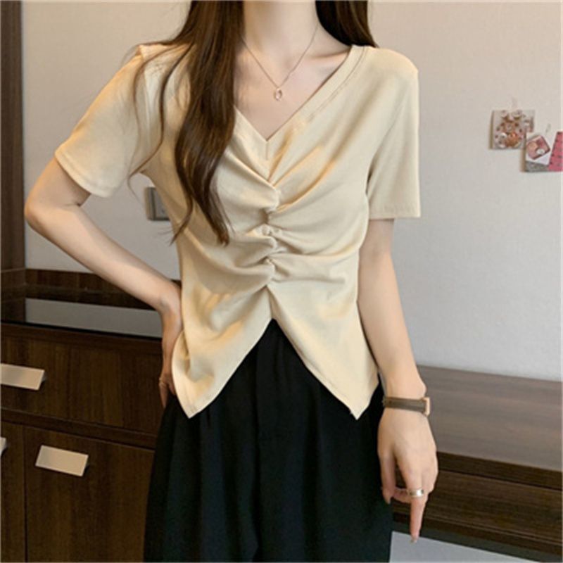Plus Size Womens V Neck Ruched Slim Fit Short Sleeve T Shirt Unique Design Casual Wear
