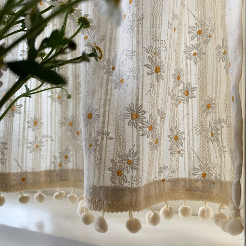 Korean Pastoral French Daisy Floral Cotton and Linen Curtain Fabric, Light-Transmitting but Not See-Through, No-Punch Magic Tape Short Curtain, Ginger Tea