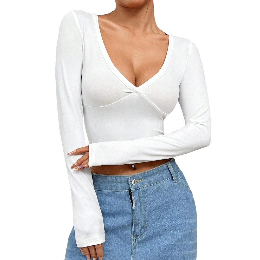 V Neck Long Sleeve Crop Top Solid Color Stylish Design Sexy Fit Spring Summer Womens Fashion Wholesale Available