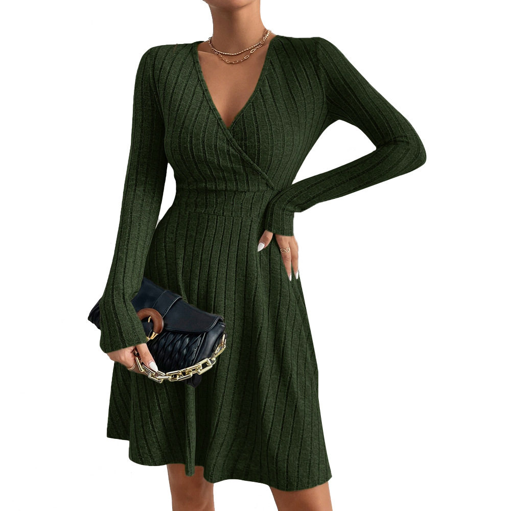 Womens Long Sleeve V Neck Dress Slim Fit Soft Corduroy Fabric Elegant Design Perfect for Parties or Casual Outings