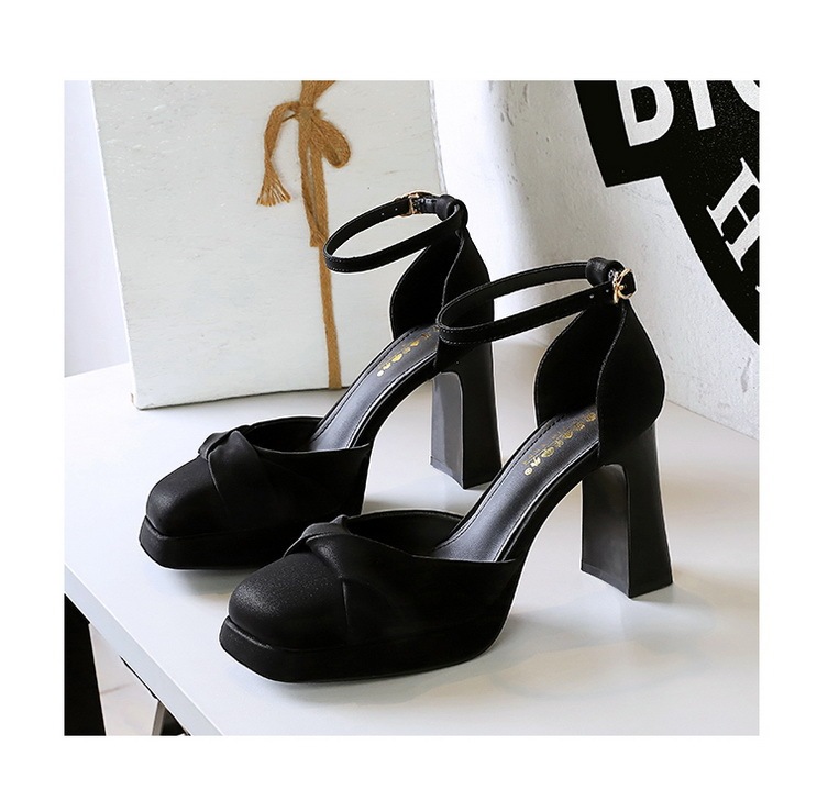 Sandal nữ quai ngang cao gót siêu cao đế xuồng mũi vuông thắt nơ — Màu đen, Màu mơ, Màu trắng