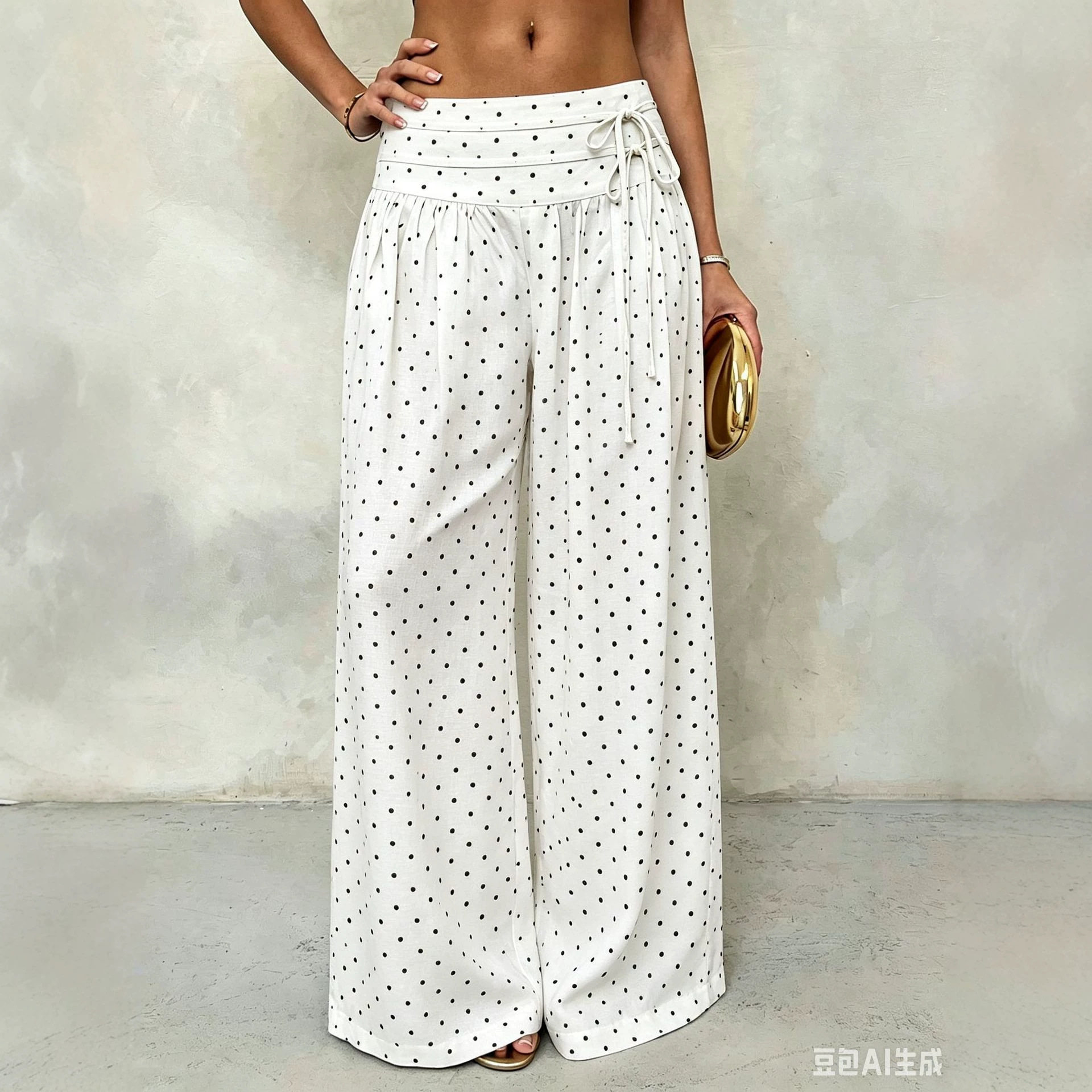 Black Polka Dot Casual Pants Lightweight Breathable Ice Silk Linen Summer Wear Wholesale Available