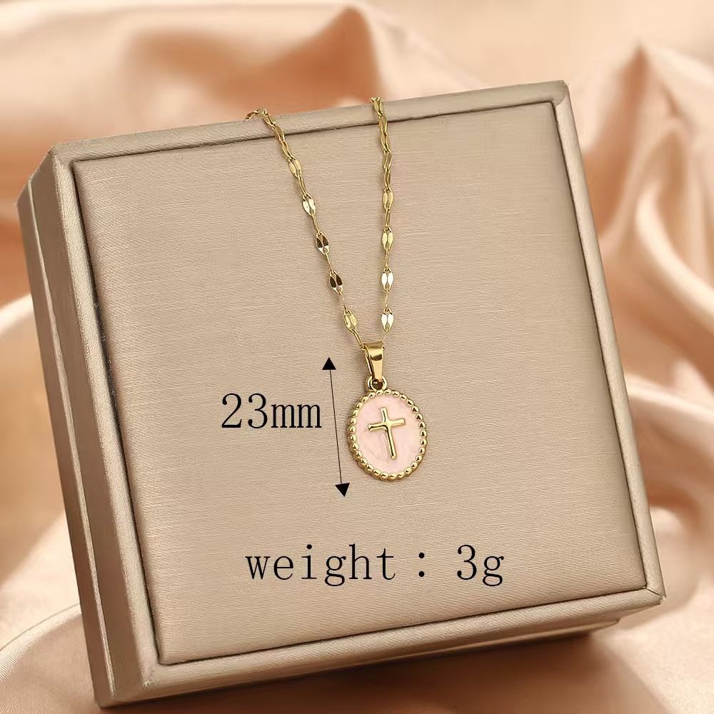 Cross-Border Popular Item for National Day and Mid-Autumn Festival Travel, Easy to Carry, Lightweight, Oil-Dropping Round Cross Stainless Steel Pendant Necklace